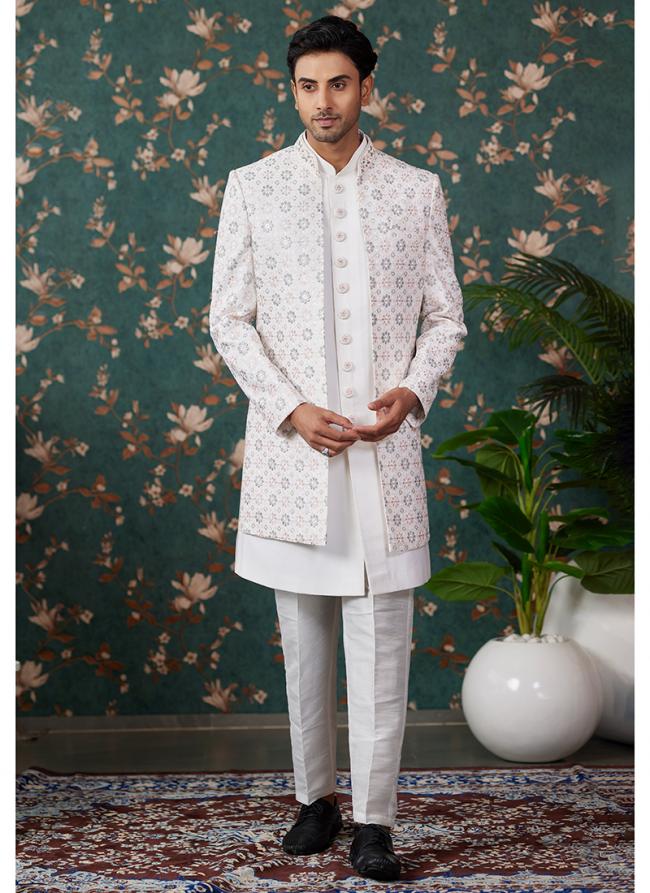 Art Silk Cream Wedding Wear Thread Work Readymade Sherwani